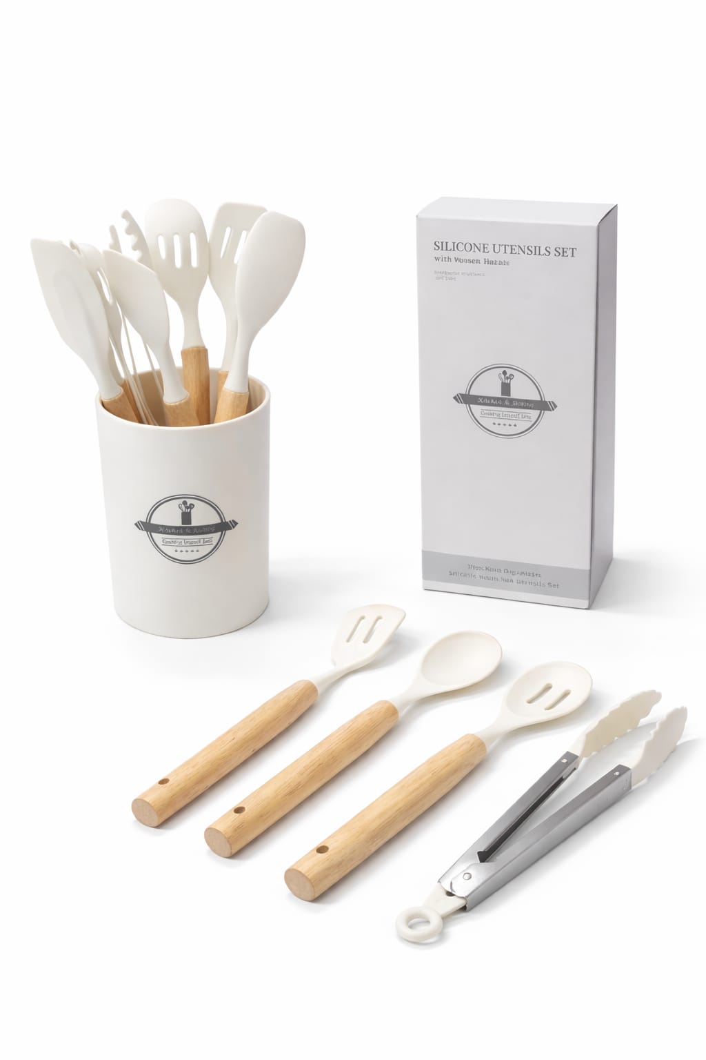 Küchenutensilien Set Weiß mit Holzgriff